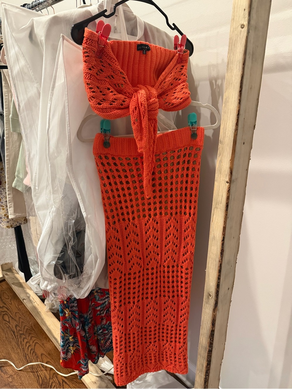 JLUXLABEL Orange Crochet Knit Midi Dress Set